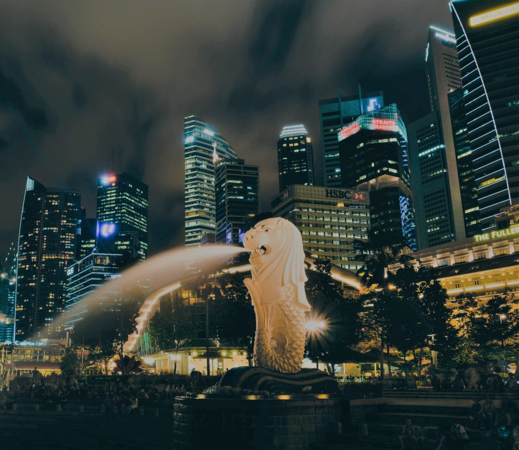Merlion Park at Night, long overnight layover in Singapore