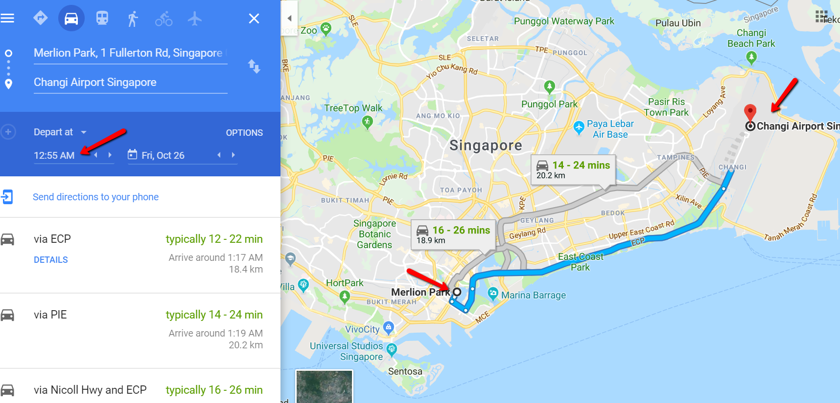 Going from Merlion Park to Changi Airport by Taxi