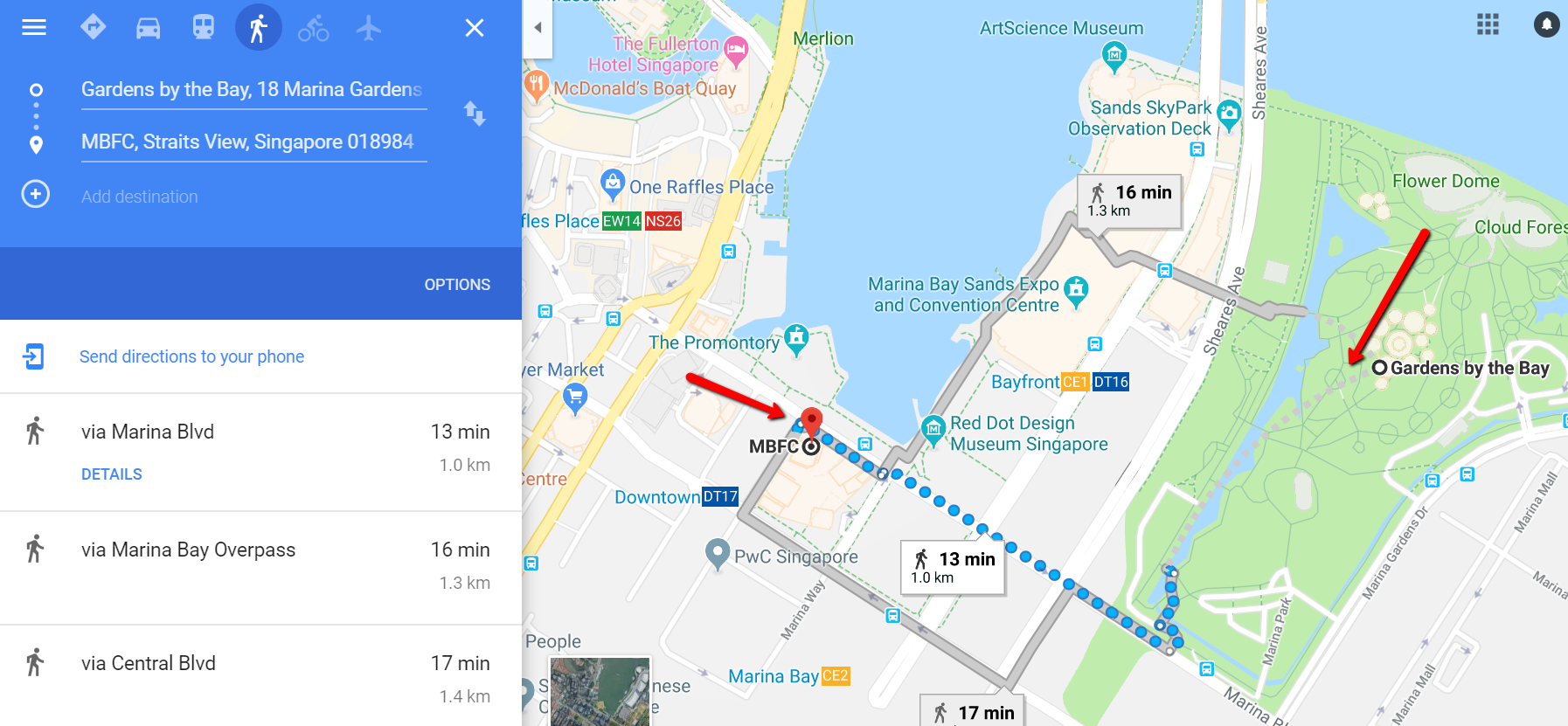 Walking from Gardens by The Bay to Marina Bay Financial Center