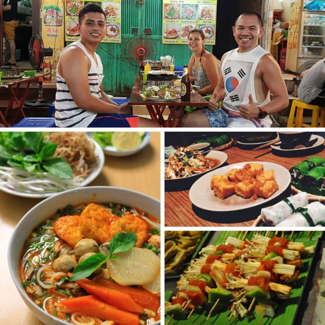Stree food in Hanoi Old Quarter, Vegetarian Friendly, rice noodles, tofu, vegetable kebab